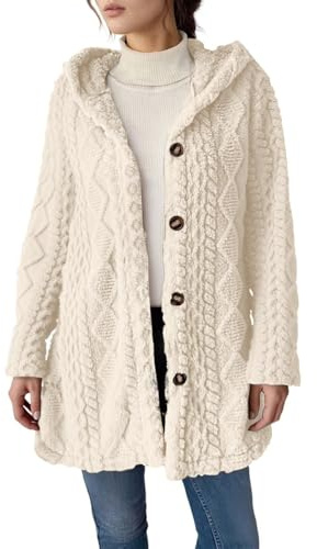 Womens Faux Fur Jacket Casual Fuzzy Fleece Long Sleeve Solid Coats Teddy Jumper Button Sherpa Thermal Outerwear Knitted Ribbed Autumn Winter Heavy Jumper Thick Fluffy Warm Fashion Coat Beige