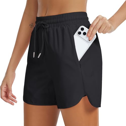 Eisnnu Pantalones Cortos Deportivos para Mujer, Ideales para Correr, con Forro, 2 en 1, Ligeros Verano, con Bolsillos con Cremallera.