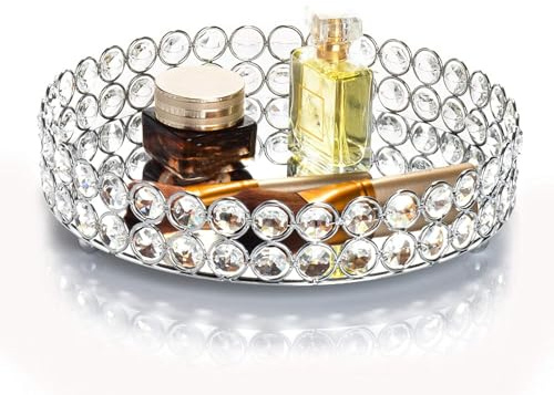 Feyarl Crystal Perfume Tray Cosmetic Makeup Vanity Tray Jewelry Trinket Organizer Mirrored Decorative Tray for Home Deco Christmas Birthday Gift(Round 10 inch) (Silver)