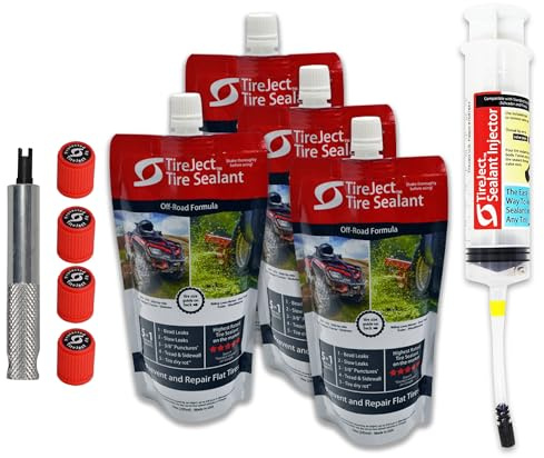 TireJect Off-Road Tubeless Tire Sealant Kit: Fix a Flat Tire & Prevent Flat Tires, Seal Punctures Leaks Dry Rot Thorns Nails Screws, tire Repair Slime, Puncture tire Sealer (40oz, 4-Tire Value Pack)