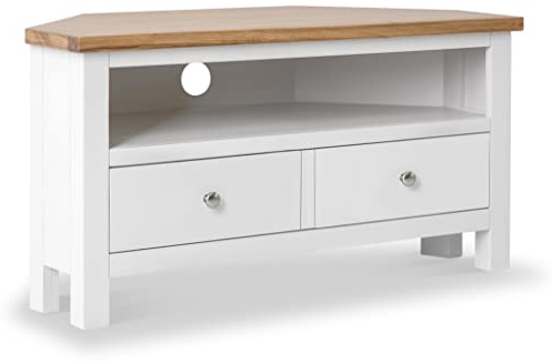 RoselandFurniture Farro White Corner TV Stand Unit 90 cm Painted Solid Wood Light Oak Top Television Cabinet Suitable for TVs up to 40 inches for Living Room or Bedroom | Fully Assembled