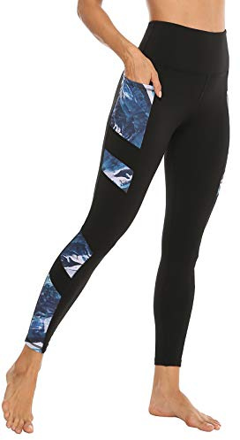 JOYSPELS Women's High Waisted Gym Leggings - Workout Running Sports Printed Leggings Yoga Pants Womens with Pockets - BlackBlue - M