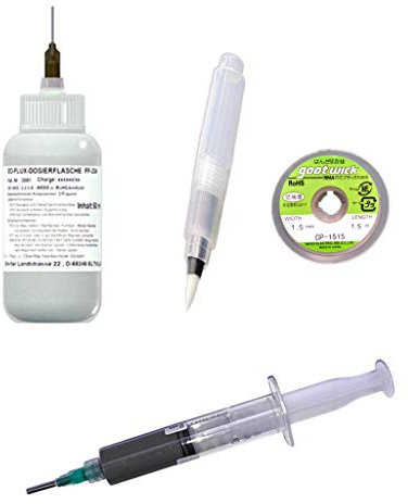 SMD Spezial-Set (50 ml No-Clean Elektronik-Flussmittel 3,0% Feststoff, EO-Compact Flux-Pen (unbefüllt), Entlötlitze 1,5 mm x 1,5 m, No Clean Elektronik-Rework-Paste (Lotpaste) EO-RP-001, 20 g Inhalt