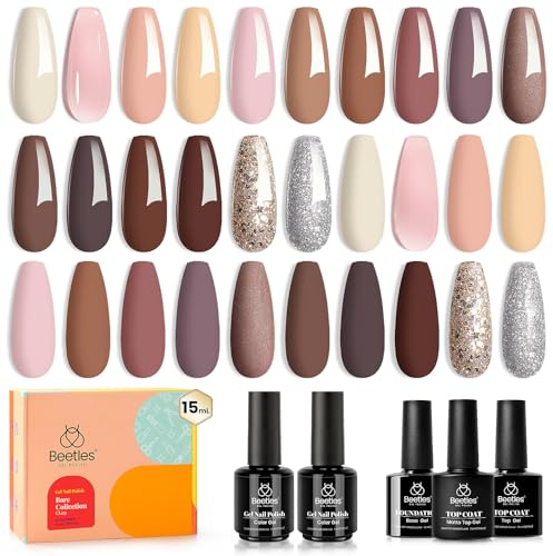Beetles Gel Polish Bare Collection-16 Colours Pink Nude Brown Glitter Gel Set Peach Natural Skin Tone Manicure Art with Glossy Matte Base Top Coat Gift for Girls
