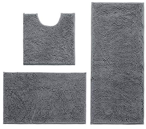Hodeacc Rutschfeste Badematten-Set, hohe Wasseraufnahmedichte, weiche Mikrofaser, WC-Vorleger, WC-Sockelmatte, maschinenwaschbar, 3-teiliges Set (Grau)
