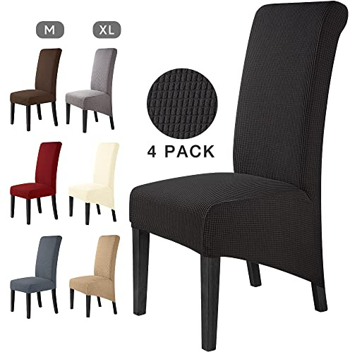 BalladHome Stolsöverdrag Set om 4 Stretch XL Stolskydd för Matstolar Lättskött och Hållbart Jacquard Stolskydd för Matsal, Kök, Bröllop, Hotell(4 Stycken, Svart)-XL
