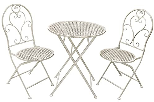 AVANTI TRENDSTORE - Bistro Gartenmöbel-Set aus Eisen für zwei Personen, bestehend aus einem Tisch mit runder Tischplatte und zwei Stühlen, klappbar, in zwei Farben erhältlich (antikweiß)