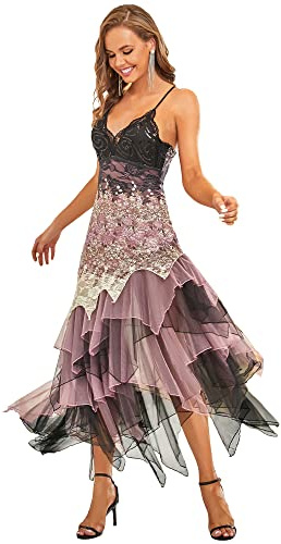 Ever-Pretty Vestido de Fiesta Noche Largo para Mujer Asimétrico en Encaje Volantes Escote Orquídea 56