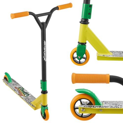ArtSport Trottinette Stunt Street Life - Freestyle pour Enfants et Adolescents - Guidon à 360°, Roues en Aluminium de 100 mm - Noir Jaune Orange