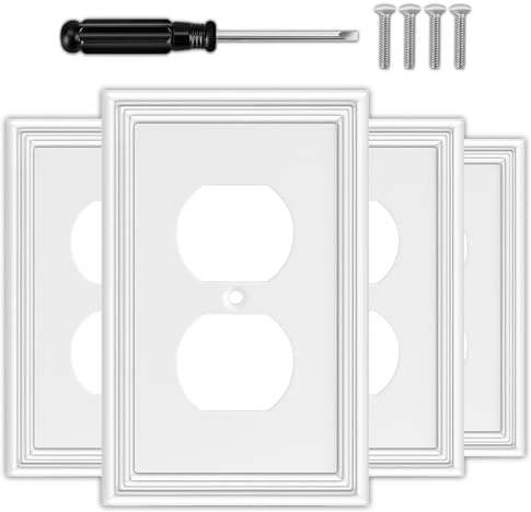 White Decorative Outlet Covers Wall Plates, Natural Material Electric Receptacle Cover Switch Plate Outlet Cover - Modern Style (1 Gang Single Duplex 4 Pack)