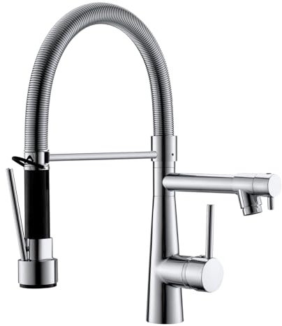 TIMACO Grifo de cocina, ducha extensible con bloqueo, giratorio a 360°, chorro retráctil, alta presión, cromado