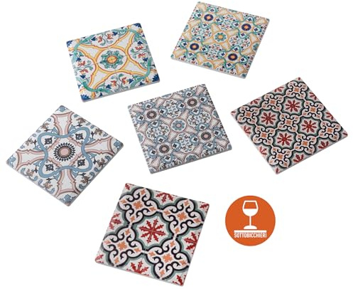 Baroni Home Set di 6 Sottobicchieri in Ceramica e Sughero Resistenti, Sottobicchieri Decorati Colorati Facili da Pulire Antiscivolo, 11X11X0,5 cm, Cefalù