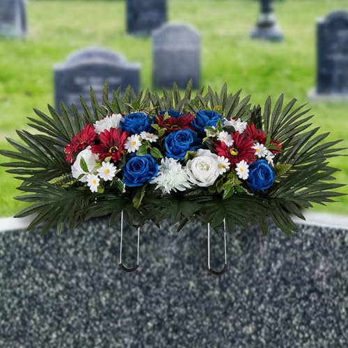 Memobloom Lapide - Composizione di fiori artificiali per cimitero, in seta, per funerali, commemorazioni, simpatie, decorazioni per esterni (rosso, bianco, blu reale)