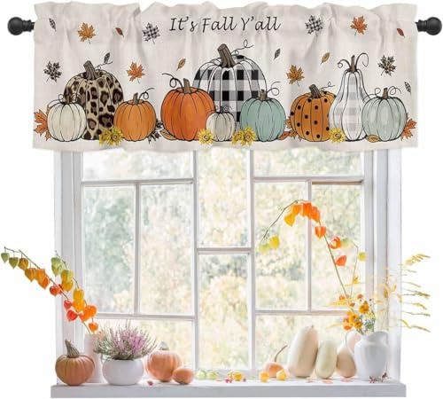 Küchenvorhang mit Aufschrift It's Fall Y'all, Ahornblätter, Sonnenblumenstange, Tasche, Volant, Herbst, kurze Fensterbehandlung, Dekorvorhänge für Badezimmer, Schlafzimmer, Vorhang über Waschbecken,
