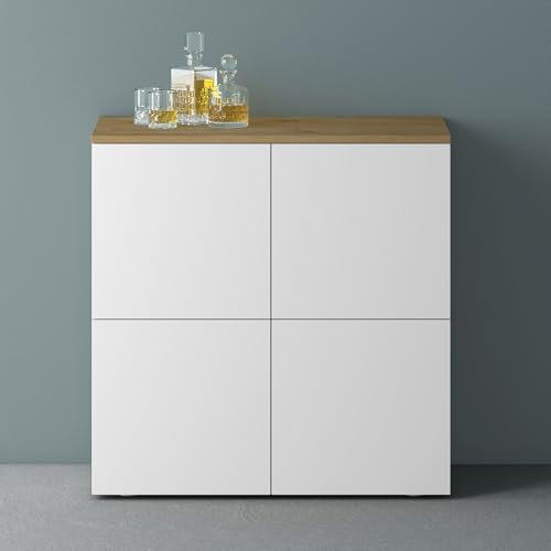 Mai & Mai Möbel Kommode Aufbewahrungsschrank mit 4 Türen in Kerneiche + Weiß matt Sideboard Schrank Mehrzweckschrank BTH: 76x36,4x74 cm Schrank04