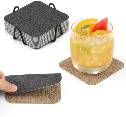 Chitomars Sottobicchieri in Pelle Set di 12, Antiscivolo Impermeabile Sottobicchiere Lavabili Bifacciale Sottobicchieri per Caffè, Bar, Ristoranti, Ufficio e Altro (Grigio Beige, Quadrato)