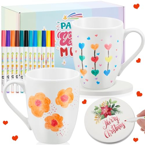 Geiserailie 2 Tasses à Peindre en Céramique Blanche Set avec 2 Sous-Verres 12 Stylos Porcelaine Tasse à Café Kit Mug Peindre Cadeau DIY, Sous-Verres à Ne Pas Chauffer au Four(Style Simple)