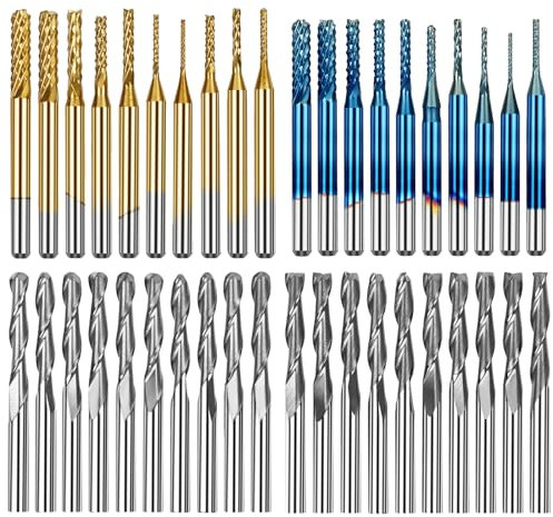 Creatorally 40Pcs End Mill CNC Router Bits, 1/8 Shank Engraving Milling Craving Bit Set, 4 Types Include Titanium Coat and Nano Blue Coat End Mill, 2-Flute Ball and 2-Flute Flat Nose Sprial Bit