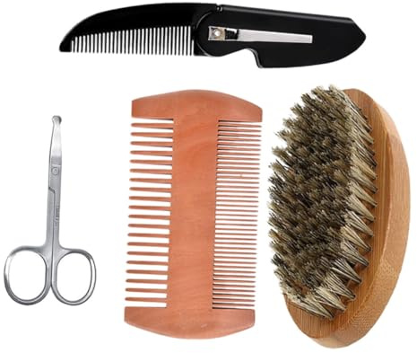 Didiseaon Kit Cuidado Barba Peine De Madera Cepillo De Cerdas Suave Para Hombres Tijeras Para Bigote Conjunto De Aseo Para Barba Para Uso Diario El Baño