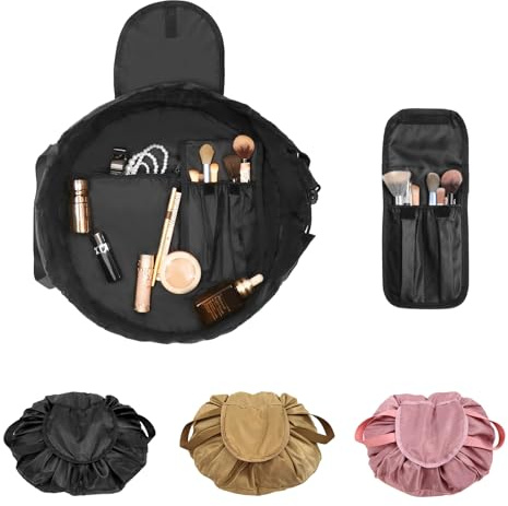 Drawstring Cosmetic Bag for Women – Barrel Drawstring Cinch Makeup Bag Open Flat Toiletry Bag for Travel with Brush Area (Black)