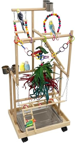 Niwaes 4-Tier Large Wooden Bird Playground with Wheels, Natural Wood Parrot Play Stand Birds Perch Stand Gym with Ladder Toy Accessories for Cockatiel Cockatoo Quaker