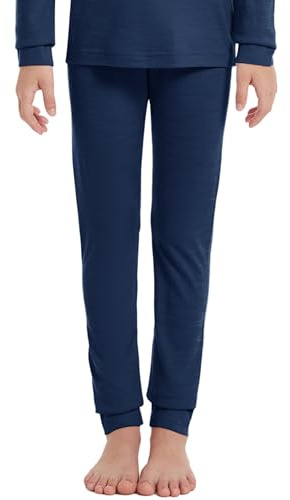 woolcano Pantaloni termici per bambini in lana merino, leggings termici per ragazze e ragazzi, biancheria intima invernale unisex, blu navy, 5-6 Anni