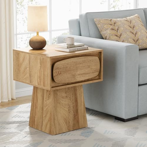 Tribesigns Beistelltisch mit Oval Griff, Nachttisch mit Schublade, Schlichter Sofatisch Tisch Kleine Räume für Wohnzimmer Schlafzimmer Couch, Braun 55 x 45 x 65 cm