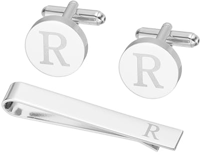 PATIKIL Juego de gemelos para hombre, clip de corbata inicial y gemelos para hombre, gemelos clásicos personalizados de cobre y barra de corbata para padre