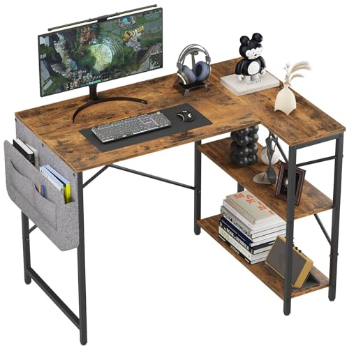 Garden 4 you L Shaped Gaming Desk, Computer Desk with Storage Bag,100x70 cm Corner Desk Writing Table with Large Reversible Storage Shelves, Office Workstation Tables, Laptop Table,Brown