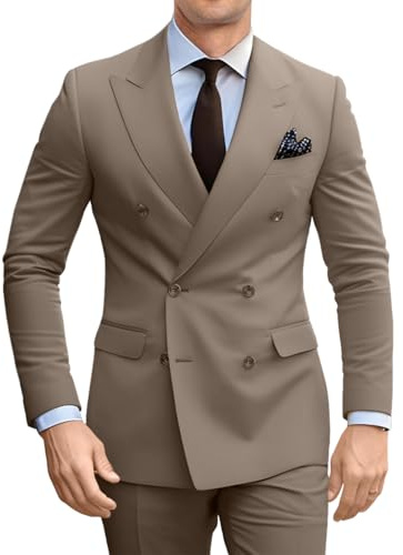 Fesenbo Double Breasted Suit Men 2 Pieces Slim Prom Suit Blazer Pants Set, Tan, M