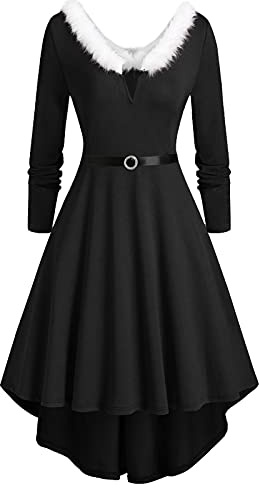 Robe Noël Femme Grande Taille Nouveauté Col en V Duveteux Robe Noel Rouge Mignon Imprimé Rose Cocktail Soirée Rockabilly Décontractée au Genou Midi Robes Christmas Dress Déguisement Père Noël Costume