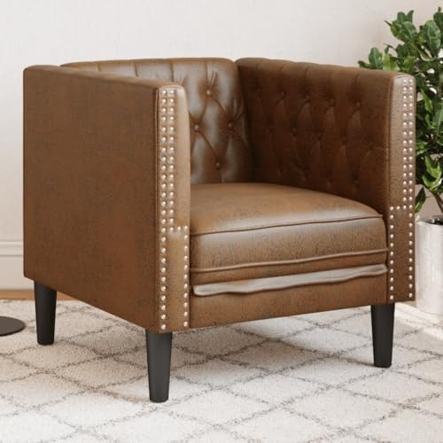 Mandloder Sillón Chesterfield marrón de ante sintético resistente, 71 x 74,5 x 70,5 cm, para salón, confort, soporta hasta 110 kg
