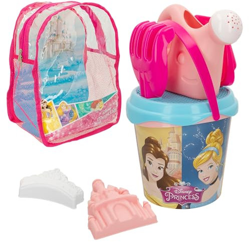 Disney - Mochila Princesas Disney Set Cubo de playa Completo Pala, Rastrillo, Cedazo, Regadera, Moldes Juguetes bebés 1 año Juguetes niños niñas 10 meses Juguetes Arenero infantil