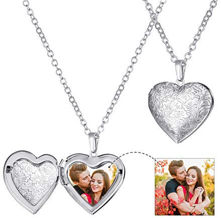 U7 Damen Halskette Anhänger Herz Medaillon zum Öffnen Reliefgravierung Blumen Foto Bilder Vintage Amulett Kettenanhänger Weißgold Messing Locket Necklace Modeschmuck für Frauen Oma