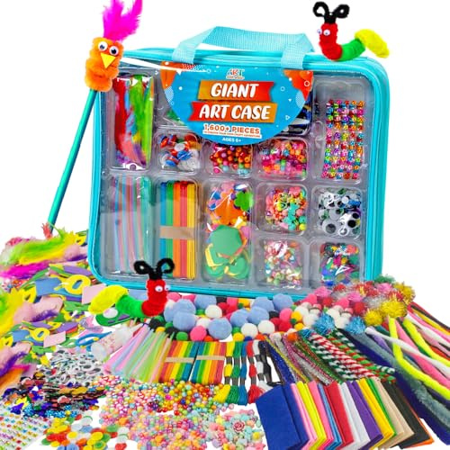 Arts & Craft Educational Premium Set for Kids Age 6-12. Delux Case & Guide Book. 1600+ Pieces Crafts Supplies DIY Projects. Learning Activities with Beads, Buttons, Scissors, Pipe Cleaners and More
