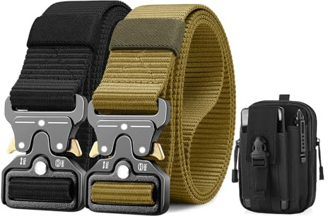 BESTKEE Taktiskt herrbälte, 2 st, 3,8 cm (1,5 tum) högpresterande bälte av nylon, metallspänne med snabbförslutning, gåva med taktisk Molle-väska och krok, 125 cm