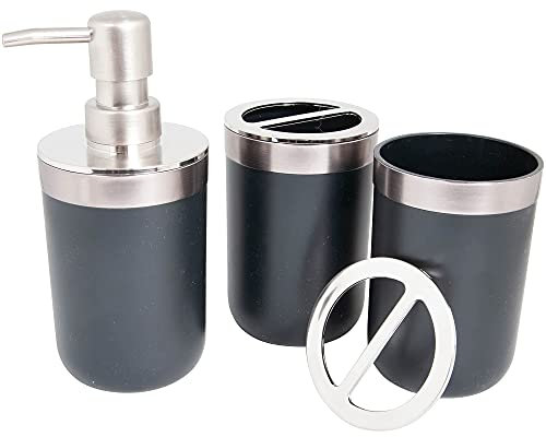 BERILO 3er Set Badezimmer Bad in Edelstahloptik - Seifenspender, 2X Zahnputzbecher - schwarz