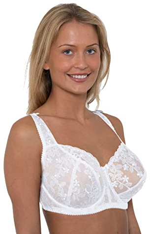 Gemm Ladies Embroidered Large Bosom Lace Underwired Firm Bra Plus Size Cup (42 DD, White)