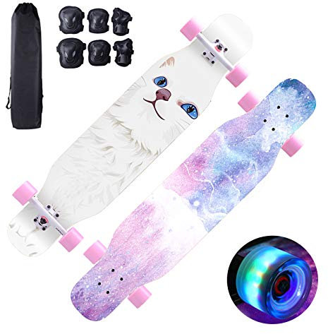 Longboard Skateboard 43 Pro Dance Board mit LED-PU-Rädern und Schutzausrüstung, Komplett 7-lagiges Ahorn-Skateboard für Kinder, Teenager, Jungen, Mädchen und Erwachsene (Katze)