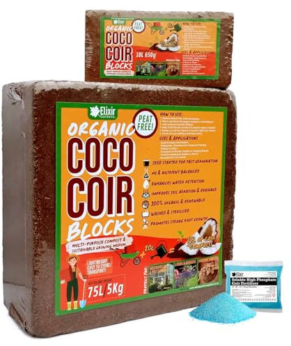 Elixir Gardens 10 Litre x 4 Organic Coco Coir Compost Blocks/Bricks Peat-Free Pre-Washed Compressed | Natural Peat-Free Growing Medium/Potting Soil & Reptile Vivarium Bedding