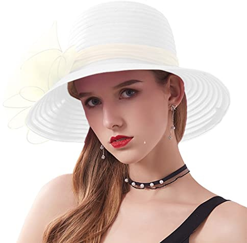 ZESLIV Cappello da donna Organza per occasioni speciali, cappello da sposa, cappello da sole con fiocco, protezione solare, cappello estivo, cappello da spiaggia, cappelli di paglia, bianco, 57