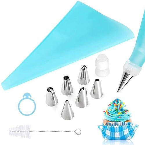 TAKUZA Spritzbeutel mit Tüllen, Spritztüllen Set 10 Stück, 6 Spritztülle aus Edelstahl, 1 Silikon Spritzbeutel Wiederverwendbar, Tüllen Set für Kuchen Cupcakes Cookies Decoration
