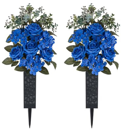Memobloom Flores de cementerio para decoración de tumbas: 2 piezas de hortensias artificiales de color azul real, arreglos florales para el Día de los Caídos, ramo floral funerario de seda con jarrón