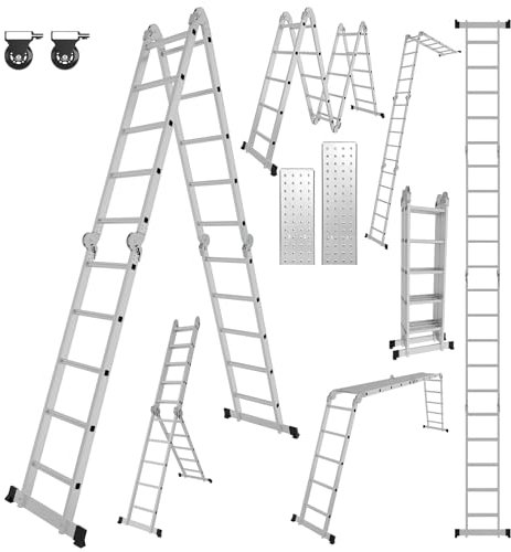 Yakimz Escalera Multifunción de Aluminio 7 en 1 - 5,82 m, 4 x 5 Peldaños, 2 Placas de Andamios, 2 Ruedas - Plegable, de Trabajo, Doméstica - Hasta 150 kg