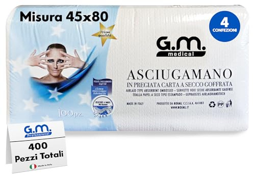GM 400 Pezzi (Certificati) Asciugamani Monouso Goffrati, Misura 45x80cm, Morbidissima e Pregiata Carta a Secco a Nido D'ape, Parrucchieri, Estetisti, Pedicure, Hotel, Utilissimi x Casa