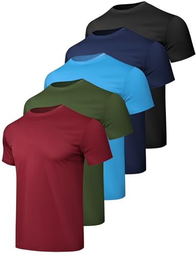 HovSiyla 5 Pack Workout Shirts for Men Athletic Running Gym Quick Dry Short Sleeve Performance Moisture Wicking T Shirt Black/Navy Blue/Azure/Burgundy/Army Green-L