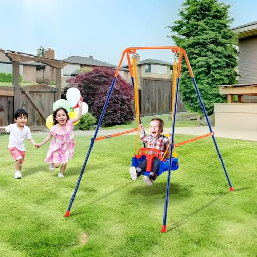 VEVOR Swing Sets for Backyard, 3-in-1 Toddler Swing Set with 4 Sandbags, Foldable Metal Stand, Easy to Assemble, Swingset Indoor/Outdoor for Kids Aged 3+