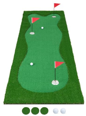Tapis d'entraînement de Golf 300 x 100 cm avec Gazon Artificiel, 2 balles, 3 Trous, 3 Drapeaux et Bonnets de Putting, Tapis de Putting Pliable pour l'intérieur et l'extérieur, Tapis d'entraînement de
