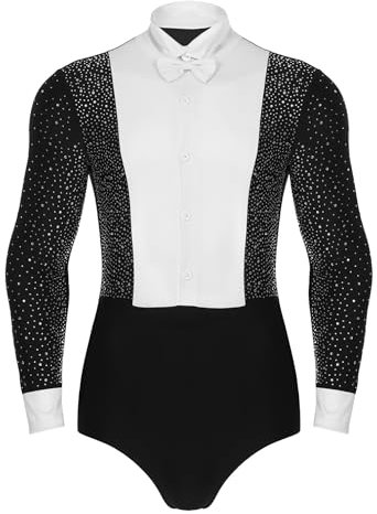 TiaoBug Herren Latein Body Langarm Hemd mit Kragen Glitzer Ballettanzug Stringbody Ballett Trikot Gymnastik Leotard Eiskunstlauf Anzug Standard Kostüm Schwarz XL