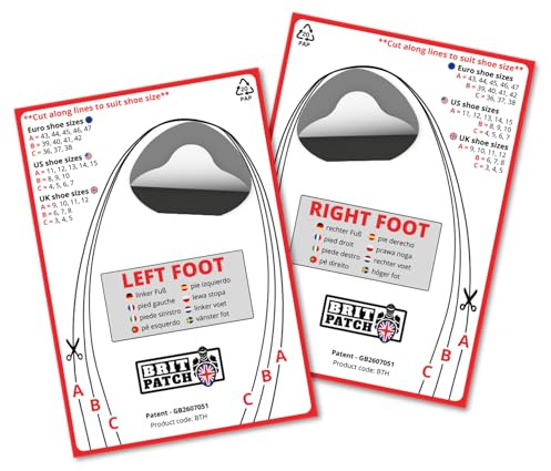 Protector de agujeros de dedos (BIG TOE HOLE PREVENTER) Parches autoadhesivos para reparar y prevenir los agujeros en el dedo gordo del pie, ideal para zapatillas. BRIT PATCH (anteriormente Trainer